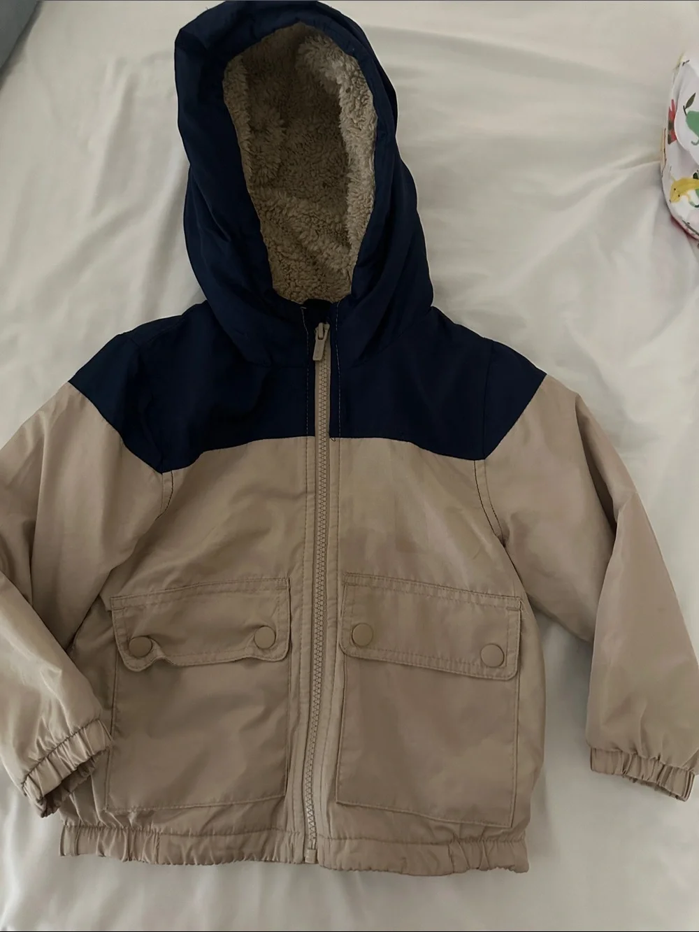 Carter's Two-Tone Hooded Puffer Jacket in Navy & Tan